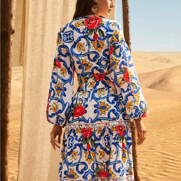 Boho White exotic Vibrant Print Ballon Sleeve WRAP CROP Top Blouse Shirt - Picture 2 of 9